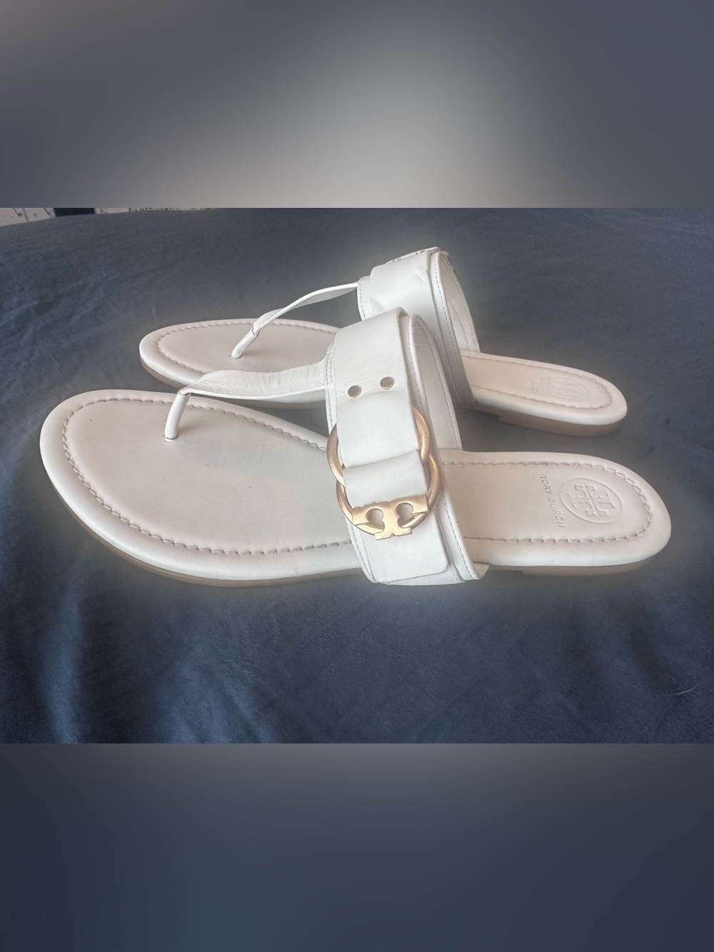 Tory Burch Marsden Ivory White Leather Flat Thong Sandals - Size 9.5
